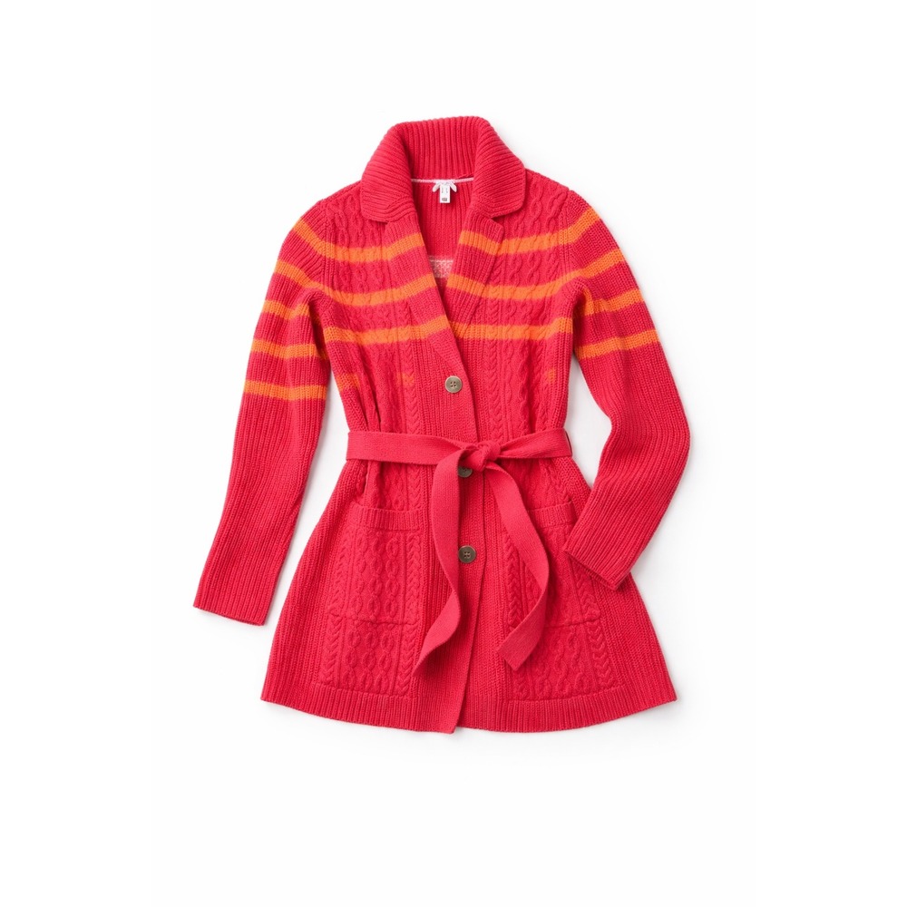 Isaac Mizrahi Live Womens Pink Orange Striped Cable Knit Belted Cardigan  NWOT